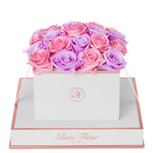 Blanche Square Baby Lily and Glow Pink Preserved Roses