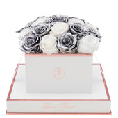 Blanche Square Metallic Silver and Glow White Preserved Roses