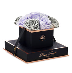 Noir Chic Metallic Silver and Glow Lavender Preserved Roses
