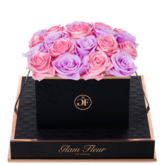 Noir Square Baby Lily and Glow Pink Preserved Roses